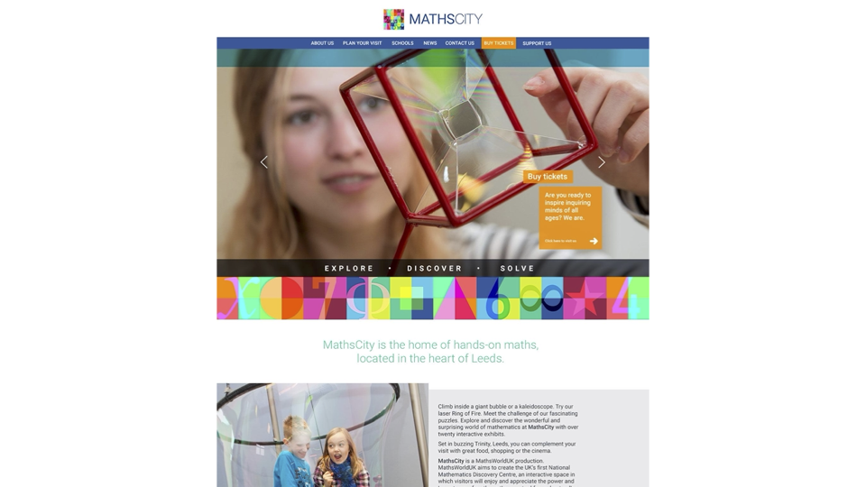 A screenshot of the MathsCity website, showing a link to book tickets and photos of the space with branding