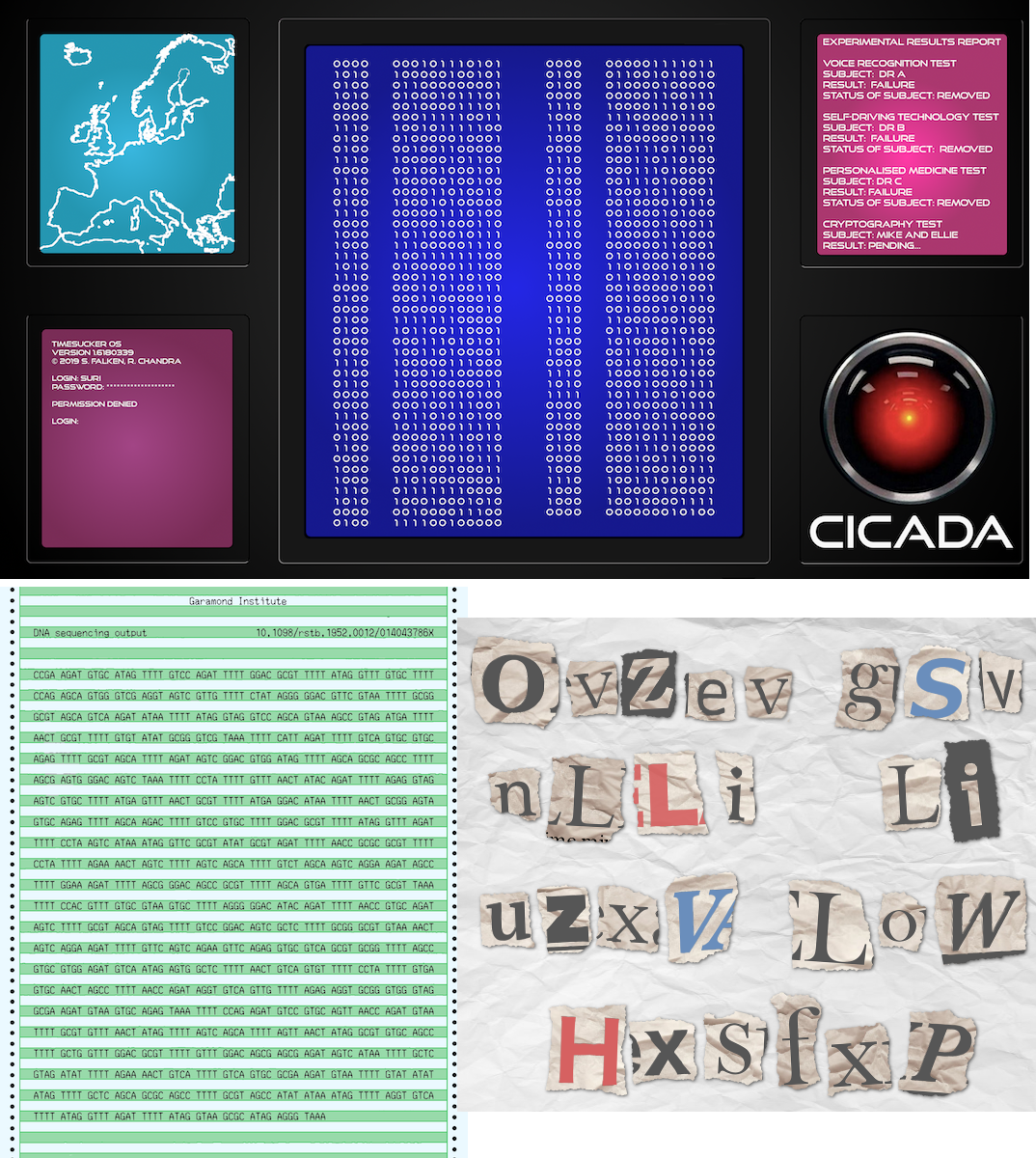 Three images of puzzles, including a mocked-up dot matrix printout with ATCG codes, a computer screen showing binary codes, and a ‘ransom note’ message made from letters torn out of a newspaper