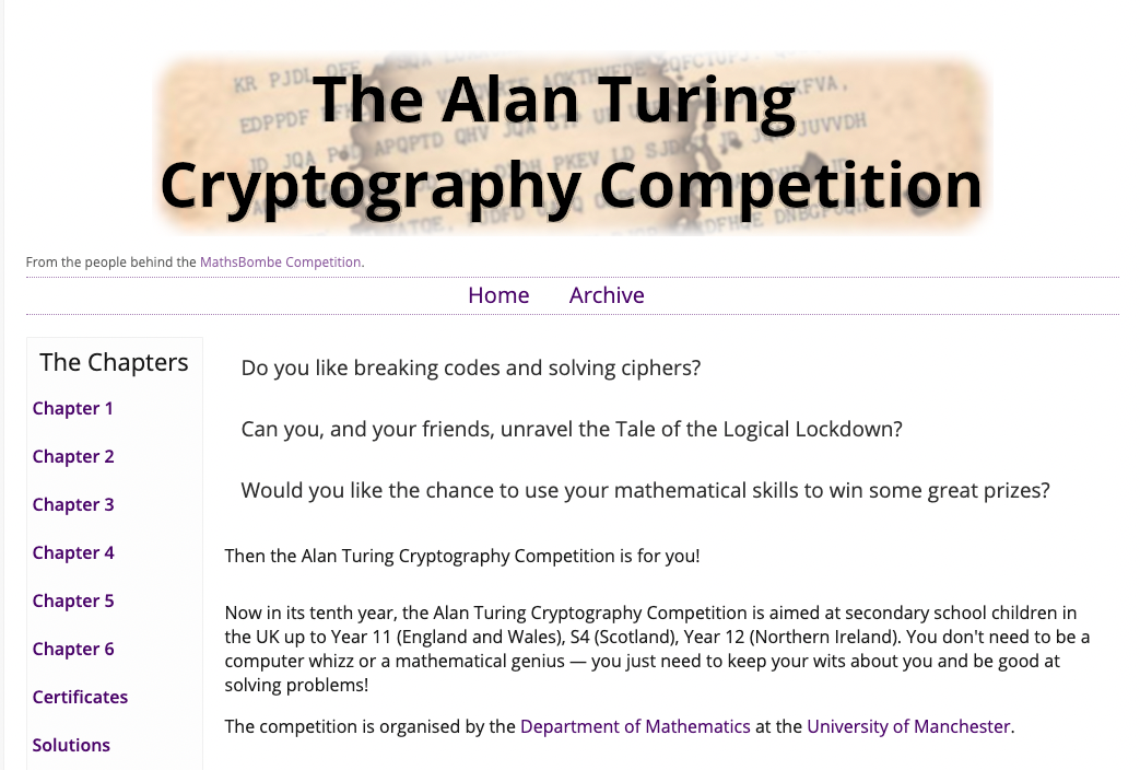 Screenshot of the Alan Turing Cryptography competition website
