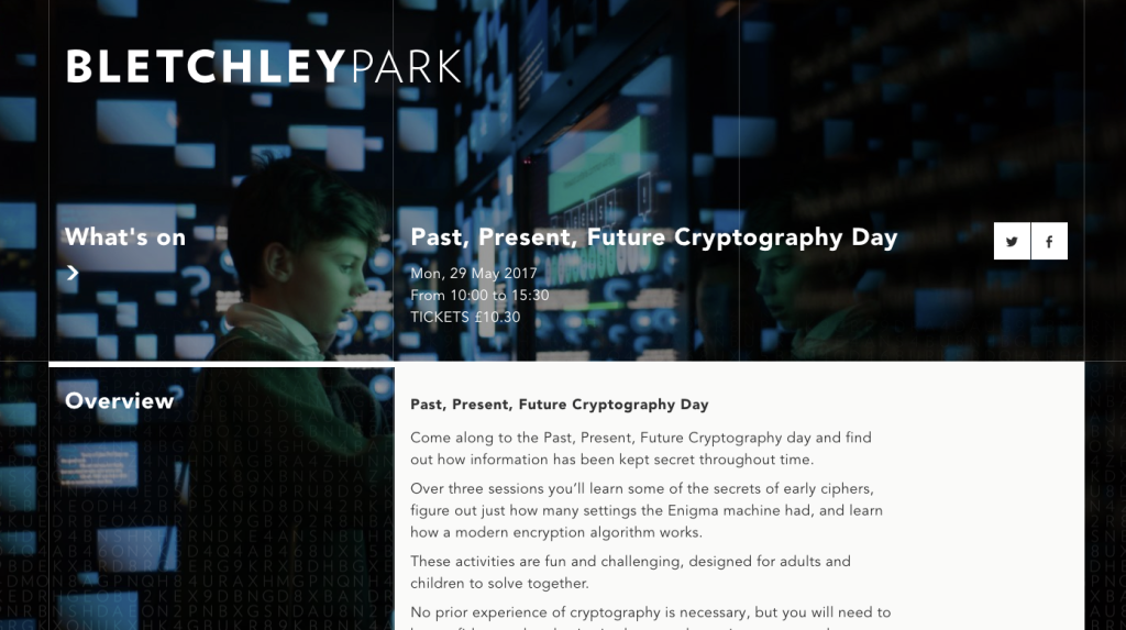 A screenshot of the Bletchley Park website, with registration for this event.