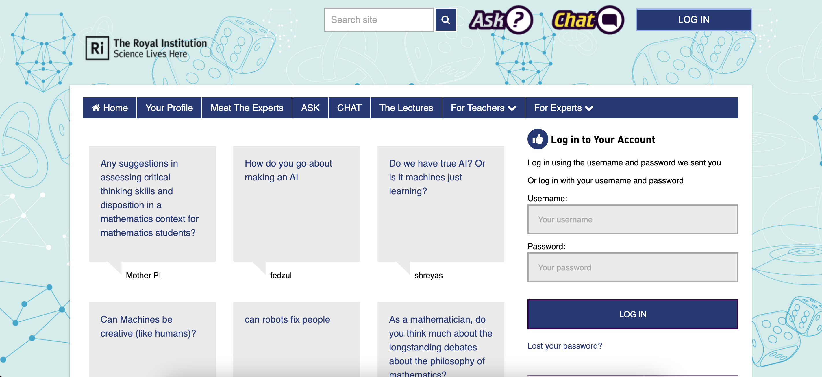 Screenshot of the Christmas Lectures Zone website, showing questions from students including “How do you go about making an AI?”